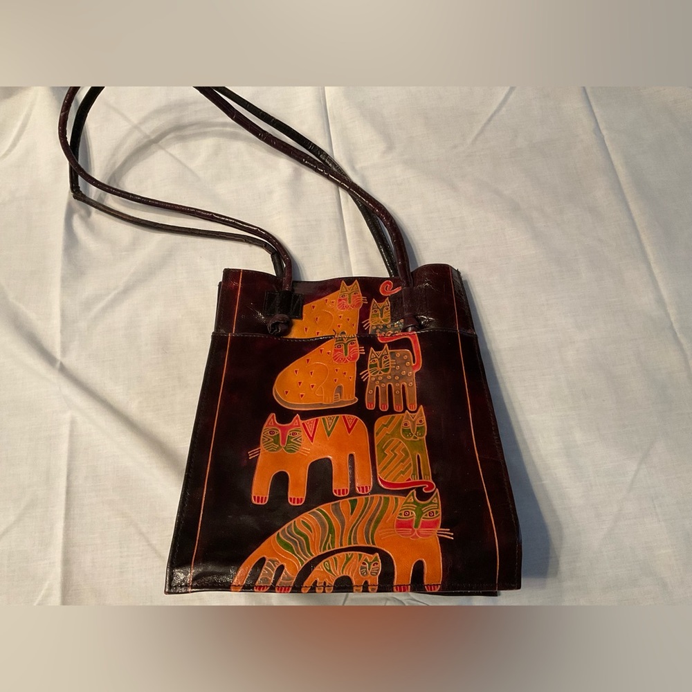 All leather dark brown shoulder bag with cats.